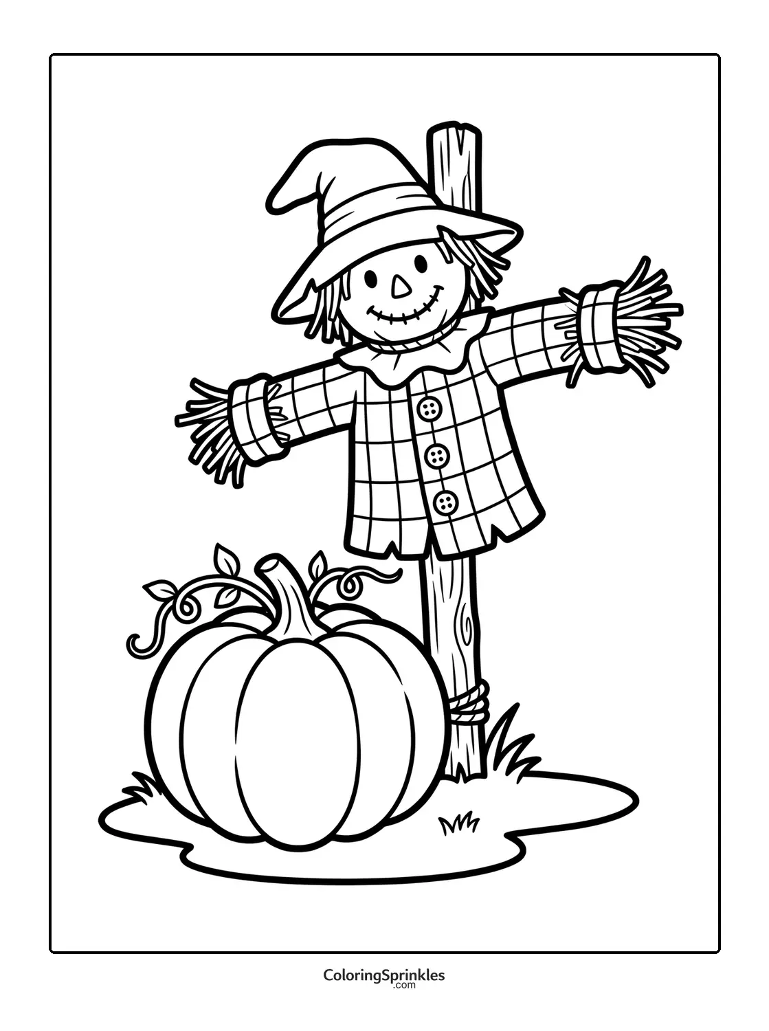 Coloring page of a scarecrow with a pumpkin in a fall harvest scene