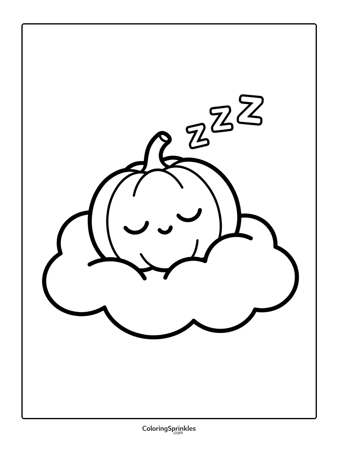 Coloring page of a sleeping pumpkin resting on a cloud with zzz