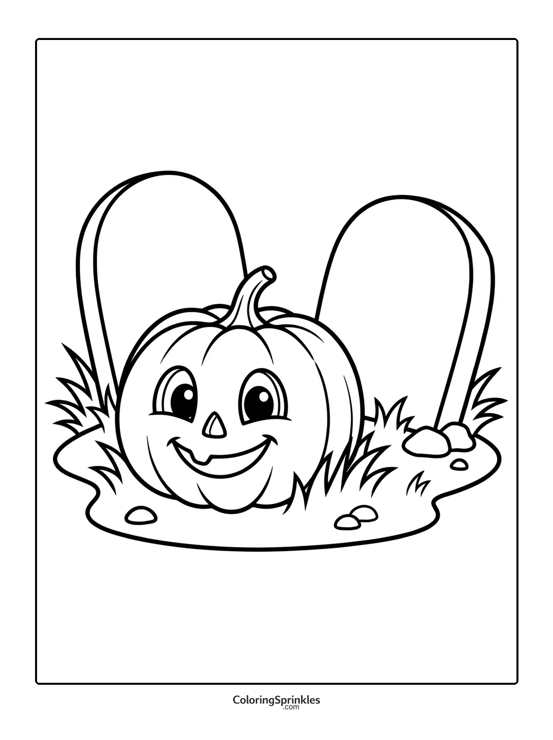 Coloring page of a smiling pumpkin in a graveyard with grass and stones