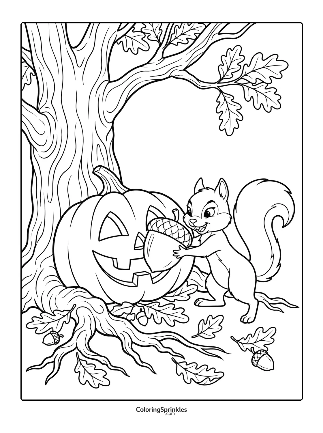Coloring page of a squirrel holding an acorn near a carved pumpkin by a tree
