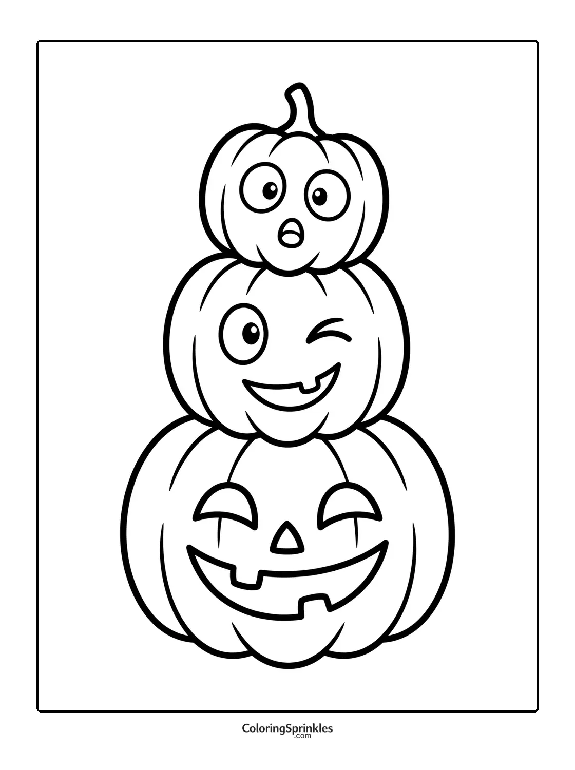 Coloring page of stacked pumpkins with funny faces