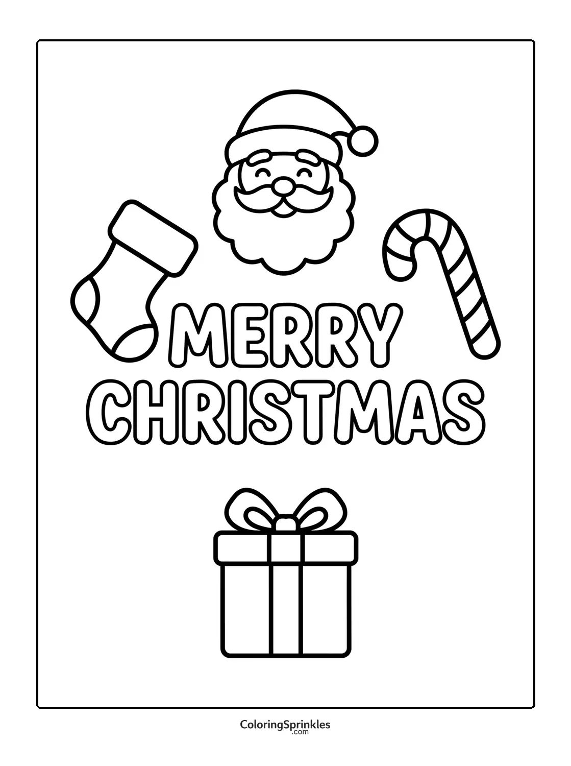 Coloring page of Merry Christmas text with Santa face, stocking, candy cane and gift
