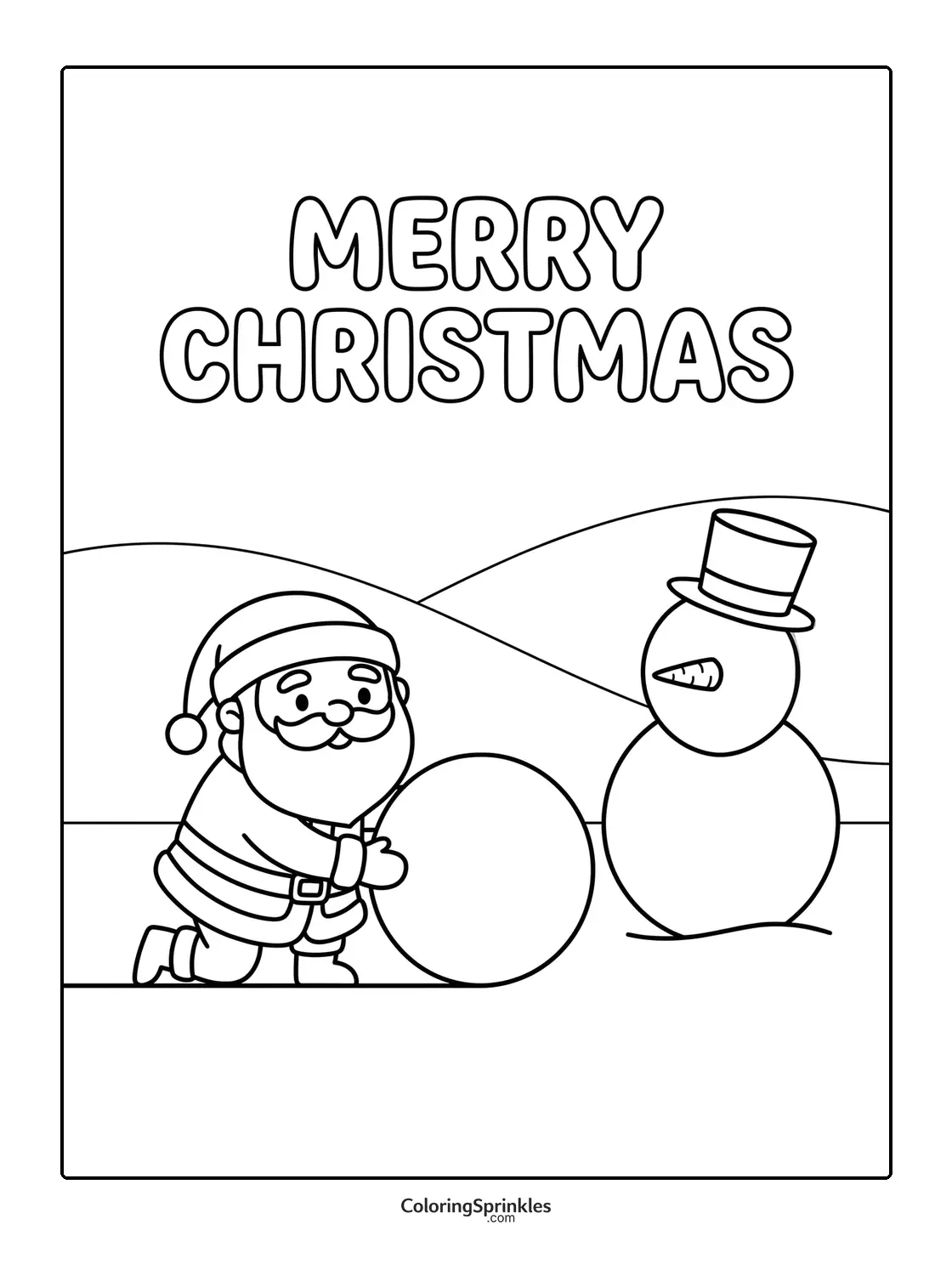 Coloring page of Santa building a snowman with Merry Christmas text