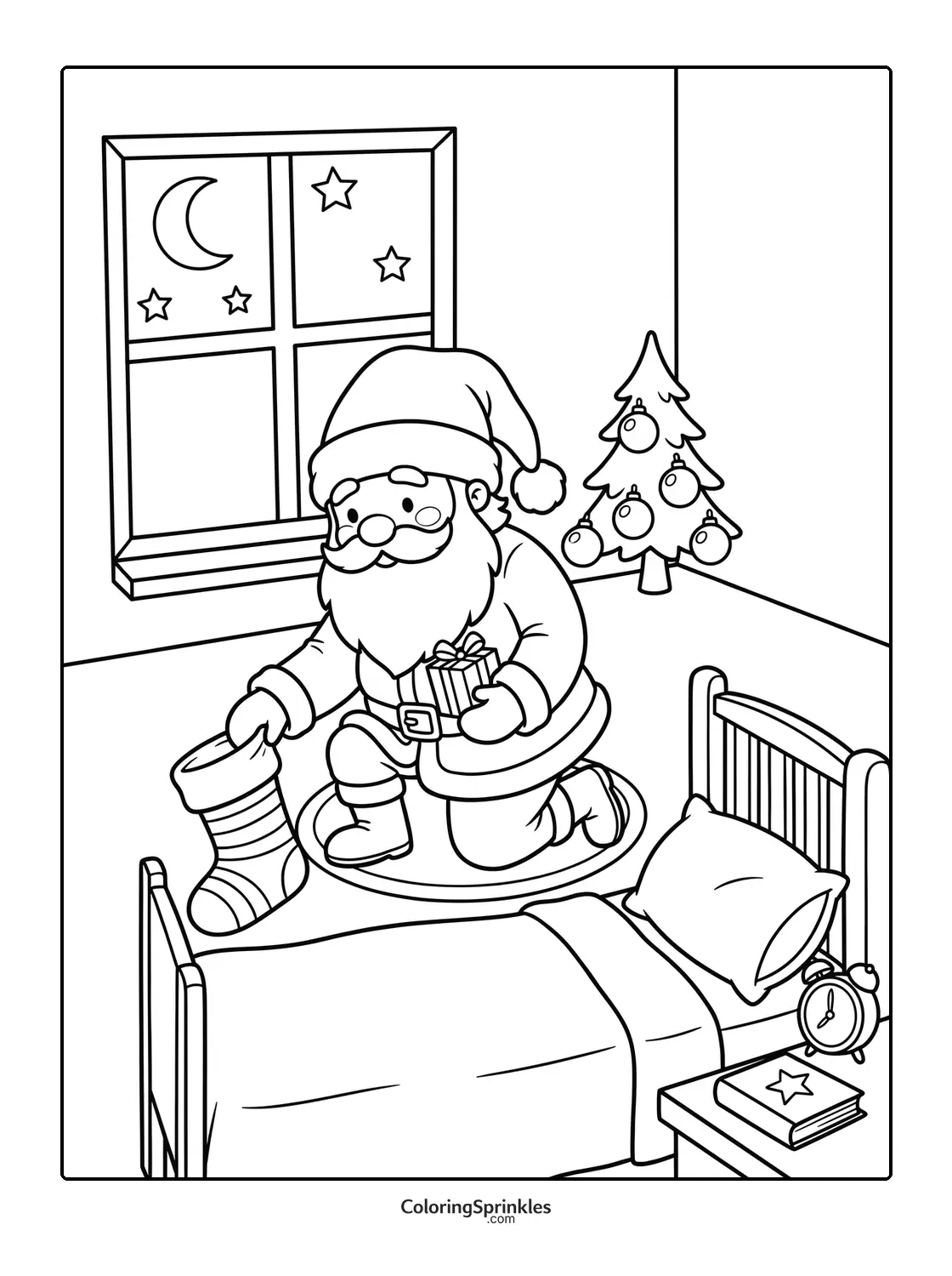 Coloring page of Santa Claus placing a gift in a stocking in a bedroom