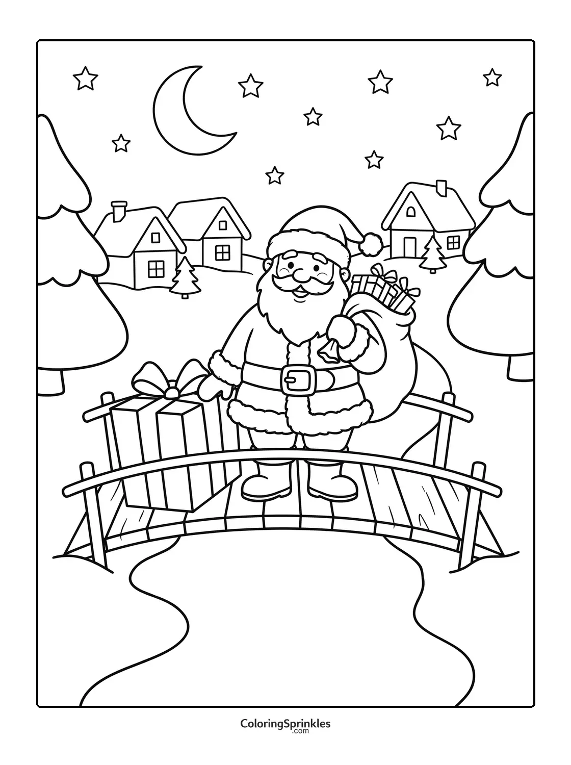 Coloring page of Santa Claus standing on a bridge with presents at night
