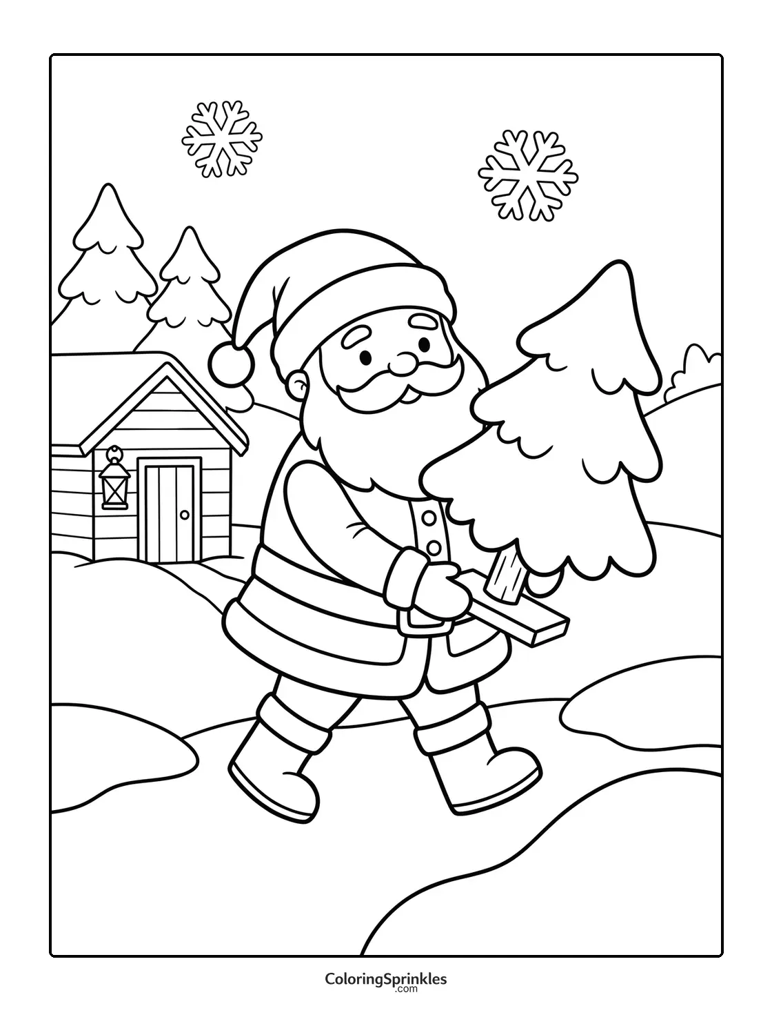 Coloring page of Santa Claus carrying a Christmas tree near a winter cabin