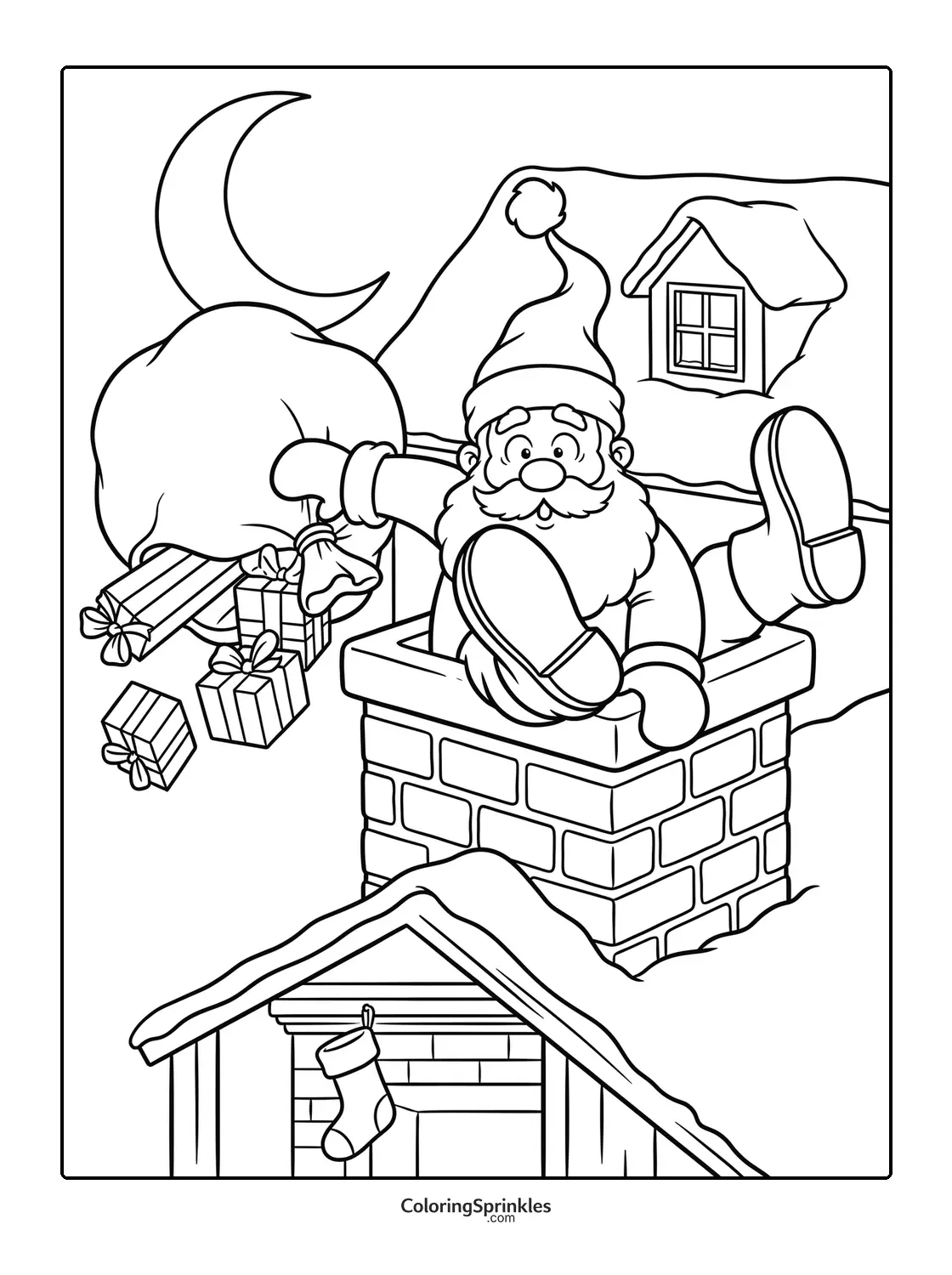 Coloring page of Santa Claus coming down a chimney with gifts at night