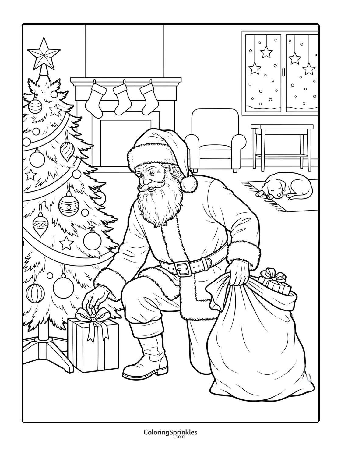 Coloring page of Santa Claus placing gifts under a Christmas tree in a living room