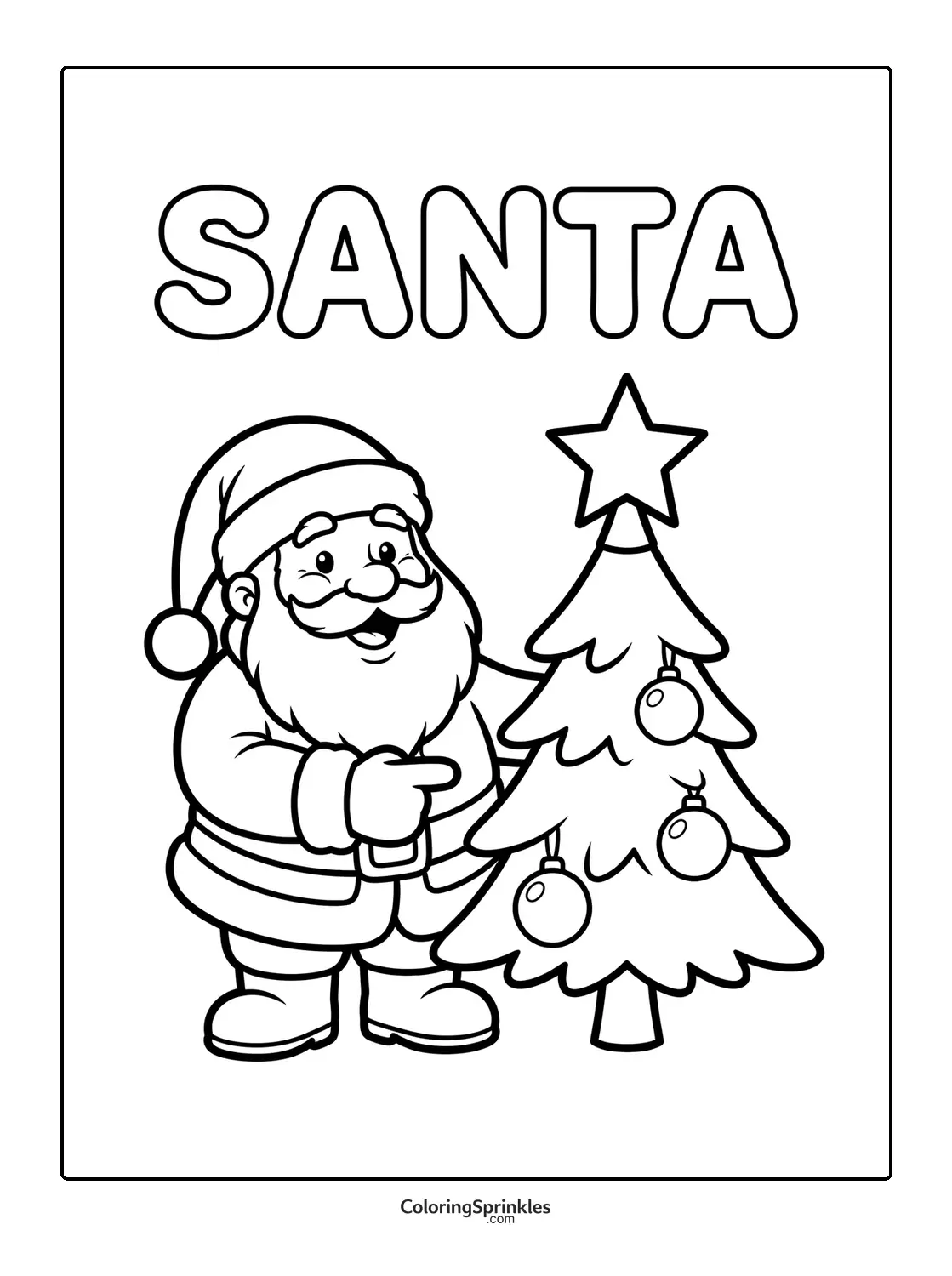 Coloring page of Santa Claus standing next to a decorated Christmas tree