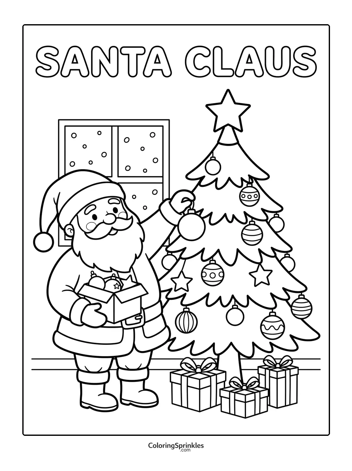 Coloring page of Santa Claus decorating a Christmas tree with ornaments