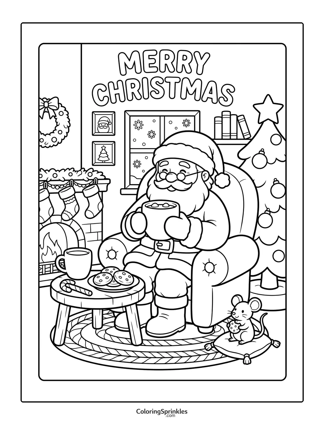 Coloring page of Santa Claus drinking hot chocolate in a cozy room