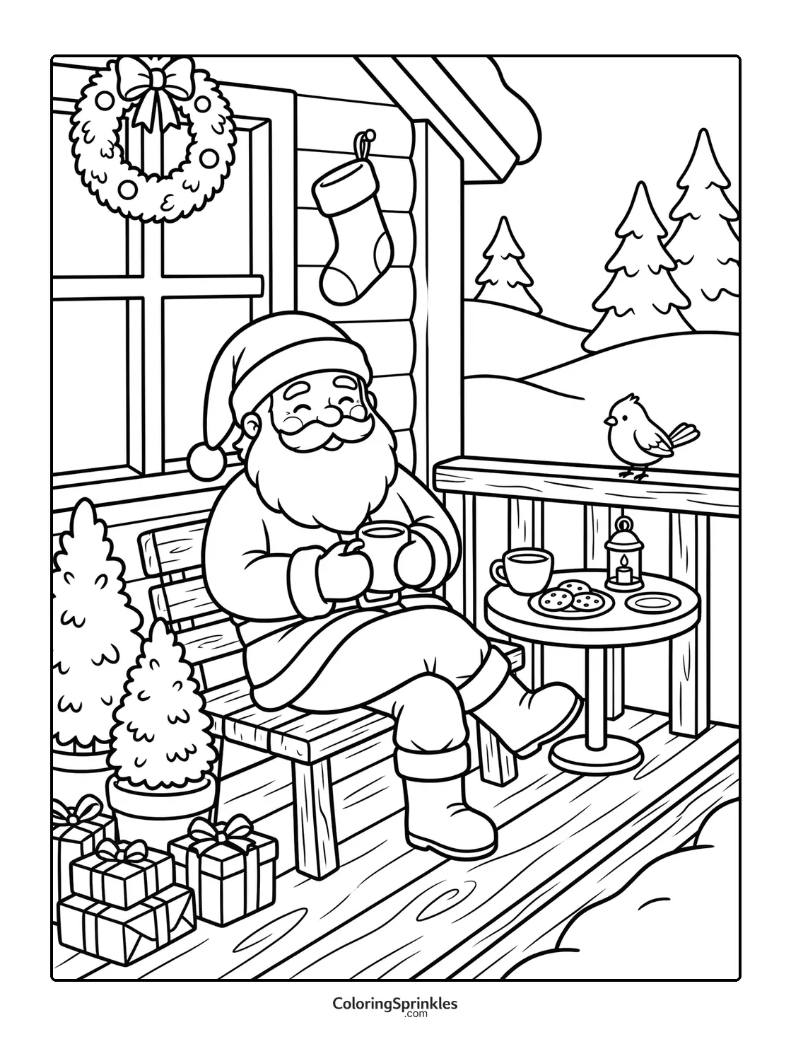 Coloring page of Santa Claus drinking hot cocoa on a porch in winter