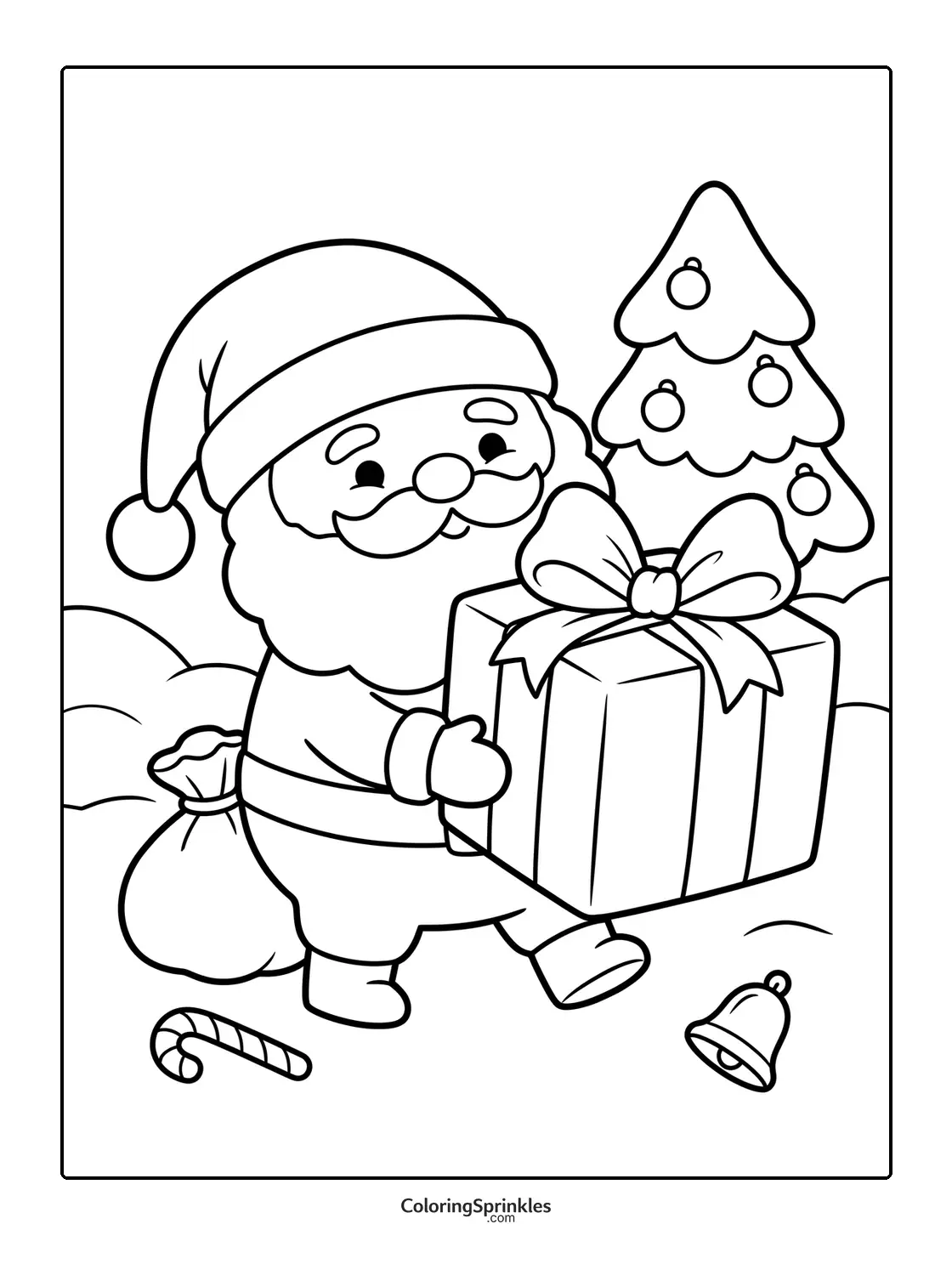 Coloring page of Santa Claus carrying a gift near a Christmas tree