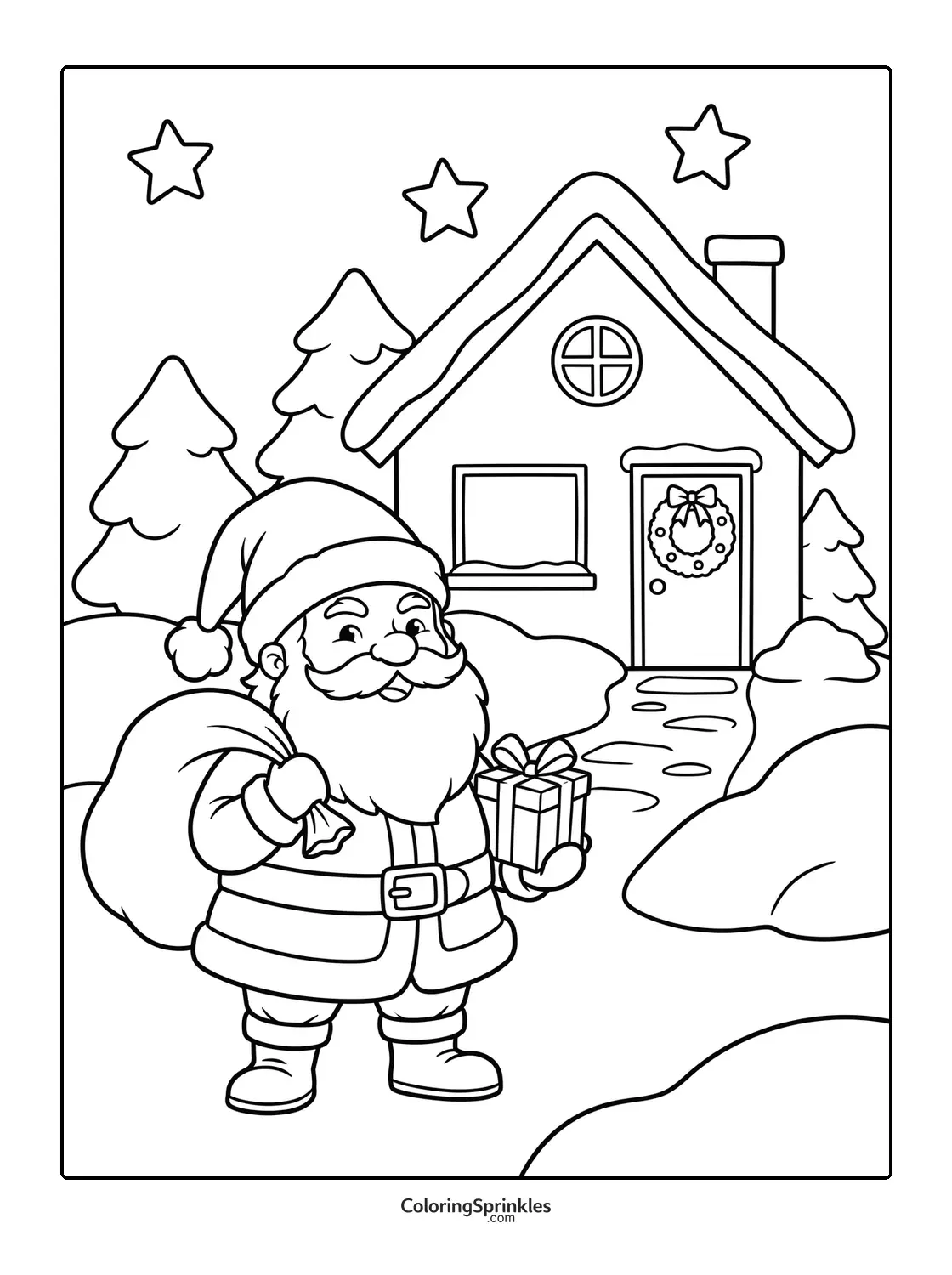 Coloring page of Santa Claus holding a gift and a sack in front of a house