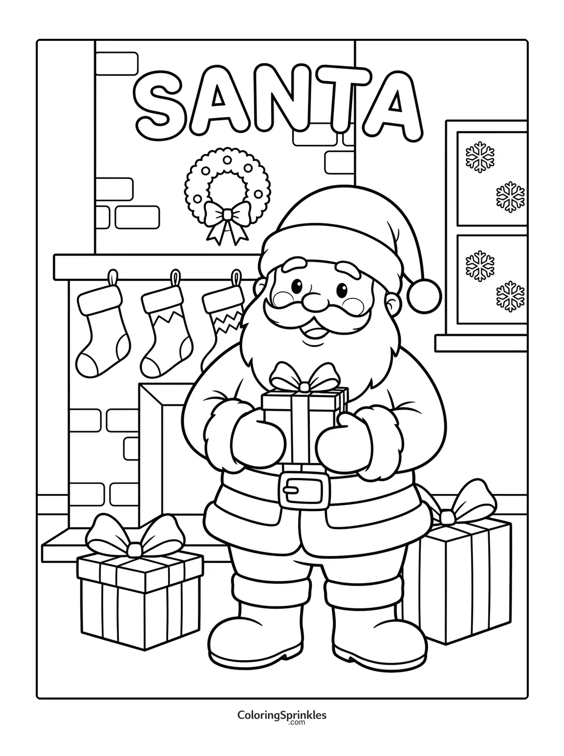 Coloring page of Santa Claus holding a gift by a fireplace with stockings and a wreath