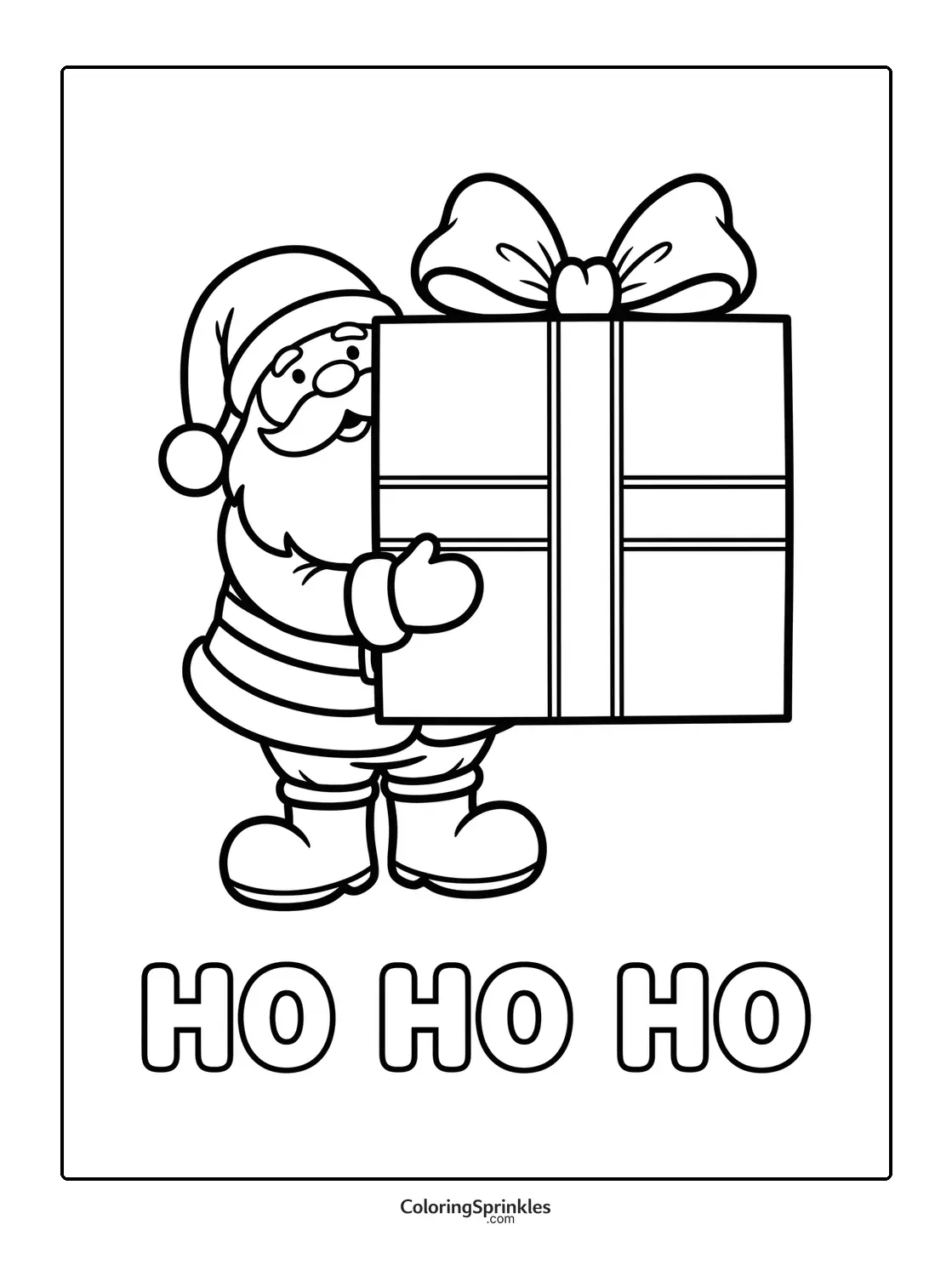 Coloring page of Santa Claus holding a large gift with ho ho ho text