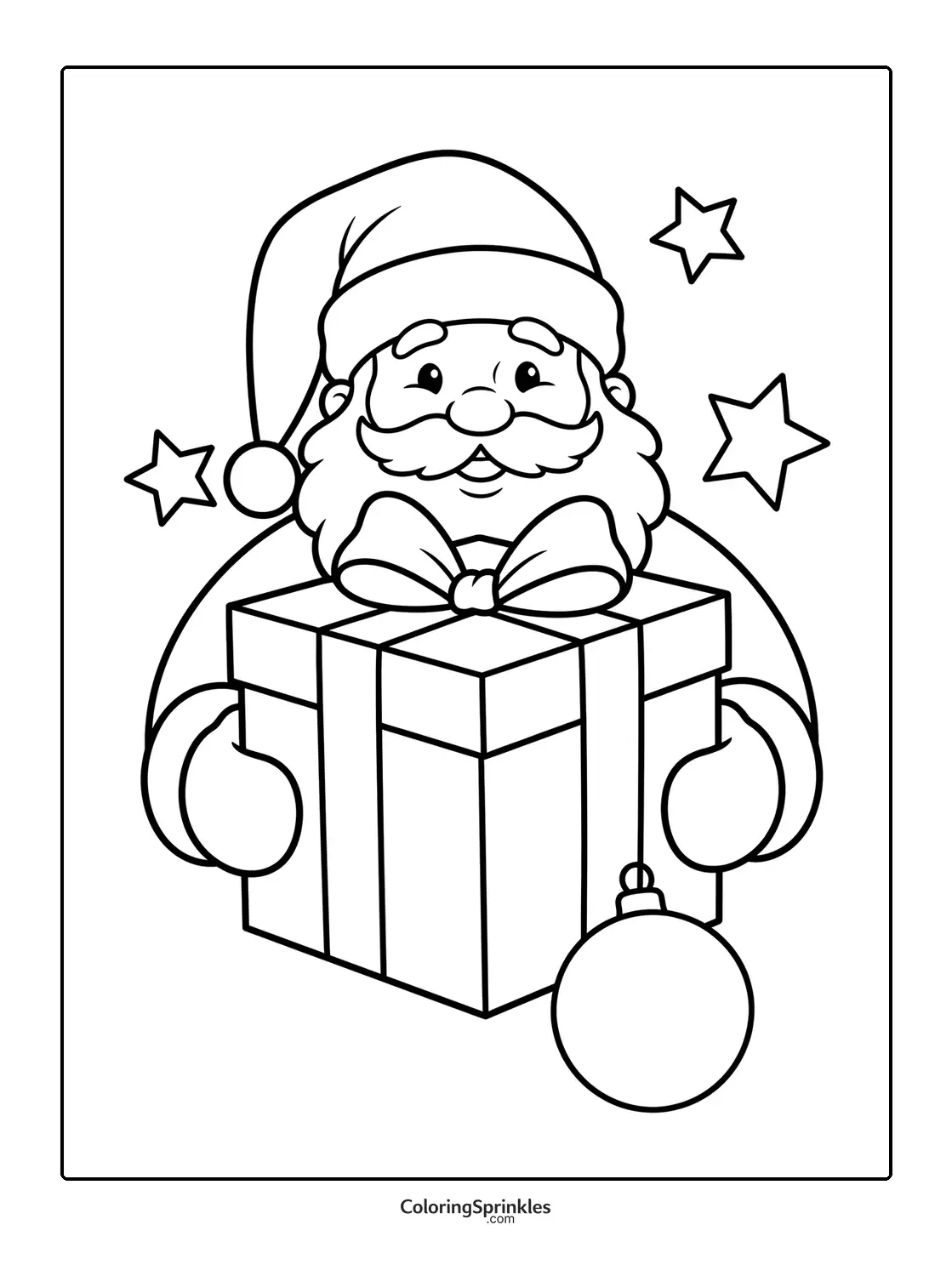 Coloring page of Santa Claus holding a gift with stars and an ornament