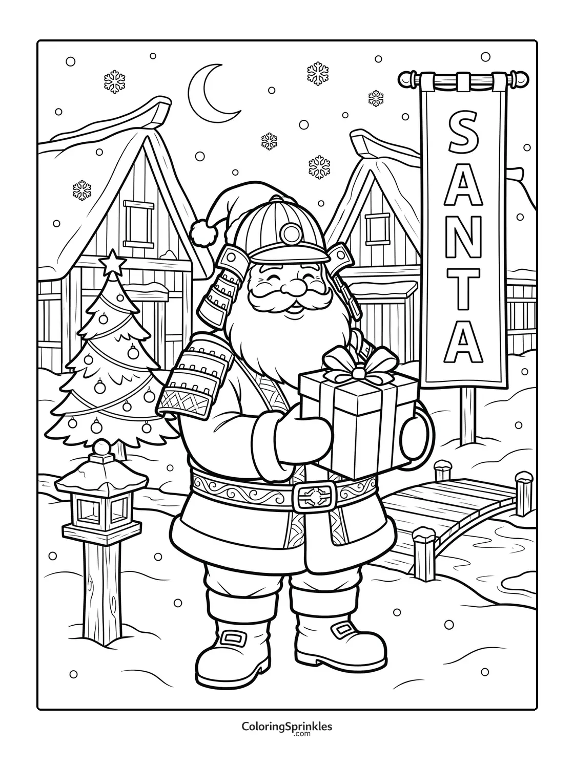 Coloring page of Santa Claus holding a gift in a snowy winter village