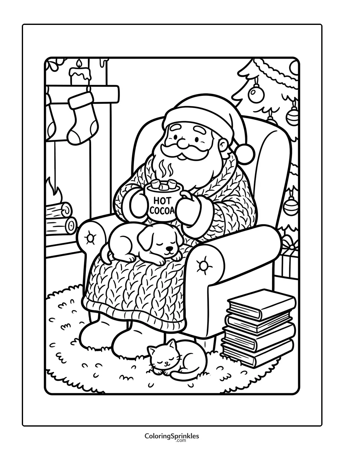 Coloring page of Santa Claus drinking hot cocoa with a puppy and cat by the fireplace