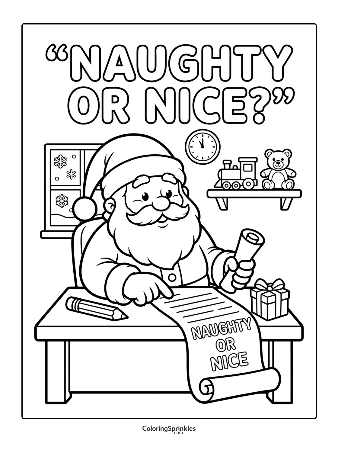 Coloring page of Santa Claus checking the naughty or nice list