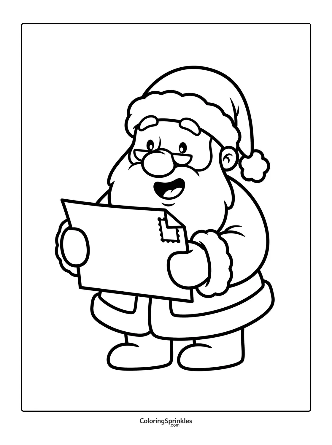 Coloring page of Santa Claus reading a letter