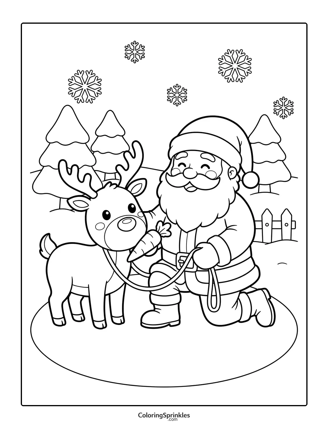 Coloring page of Santa Claus feeding a reindeer a carrot in a snowy winter scene