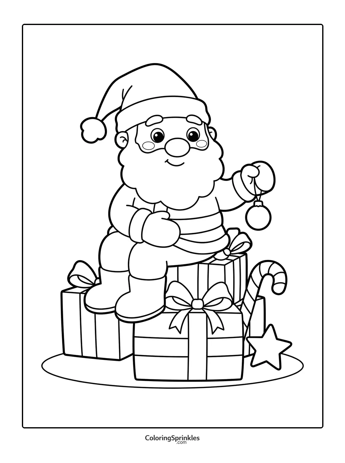 Coloring page of Santa Claus sitting on gifts with a candy cane