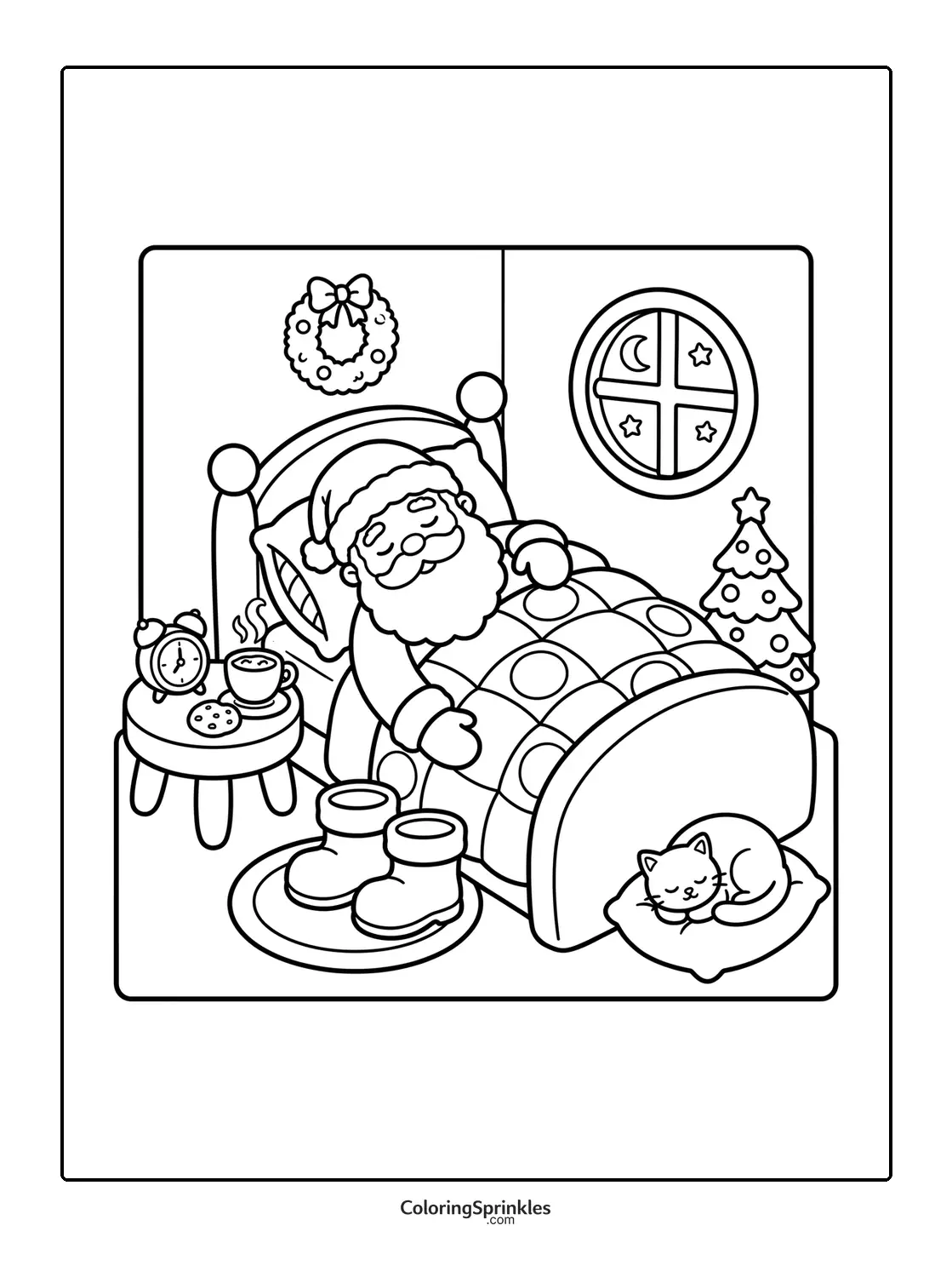 Coloring page of Santa Claus sleeping in bed with a cat and Christmas tree