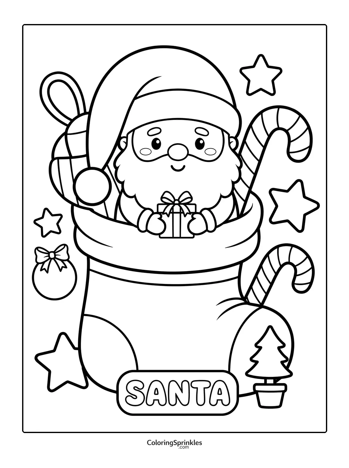 Coloring page of Santa Claus inside a Christmas stocking with candy canes and gifts