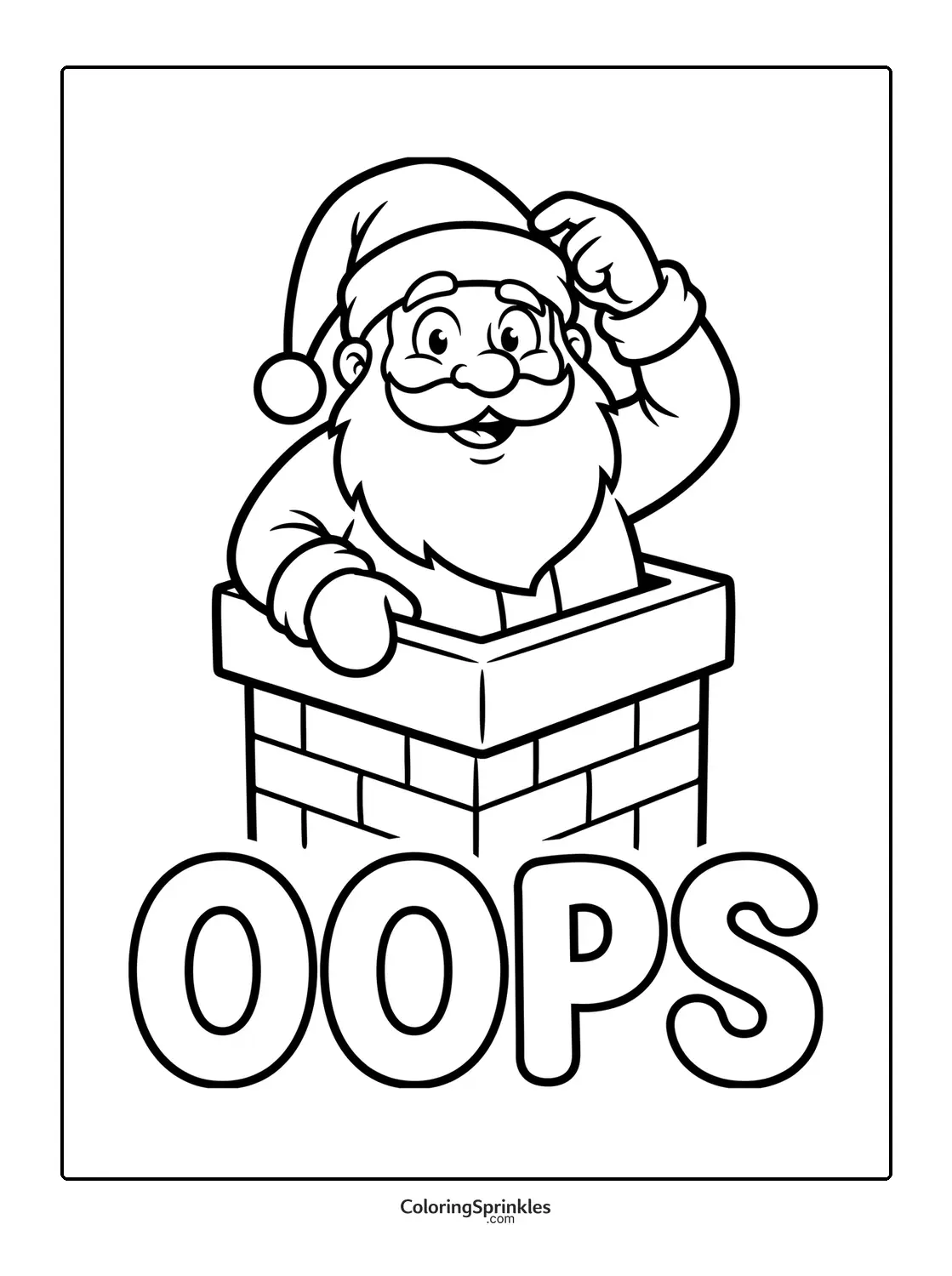 Coloring page of Santa Claus stuck in a chimney with oops text