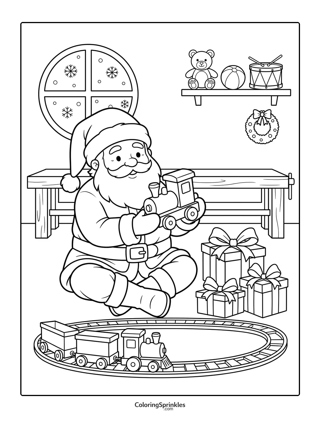 Coloring page of Santa Claus playing with a toy train near presents and a window