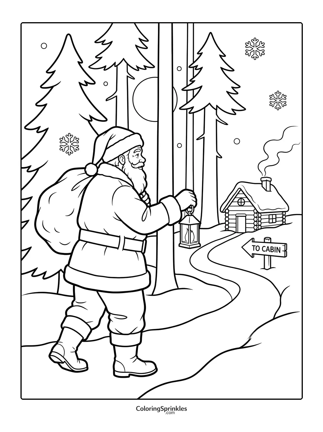 Coloring page of Santa Claus walking through a forest path carrying a lantern and a sack