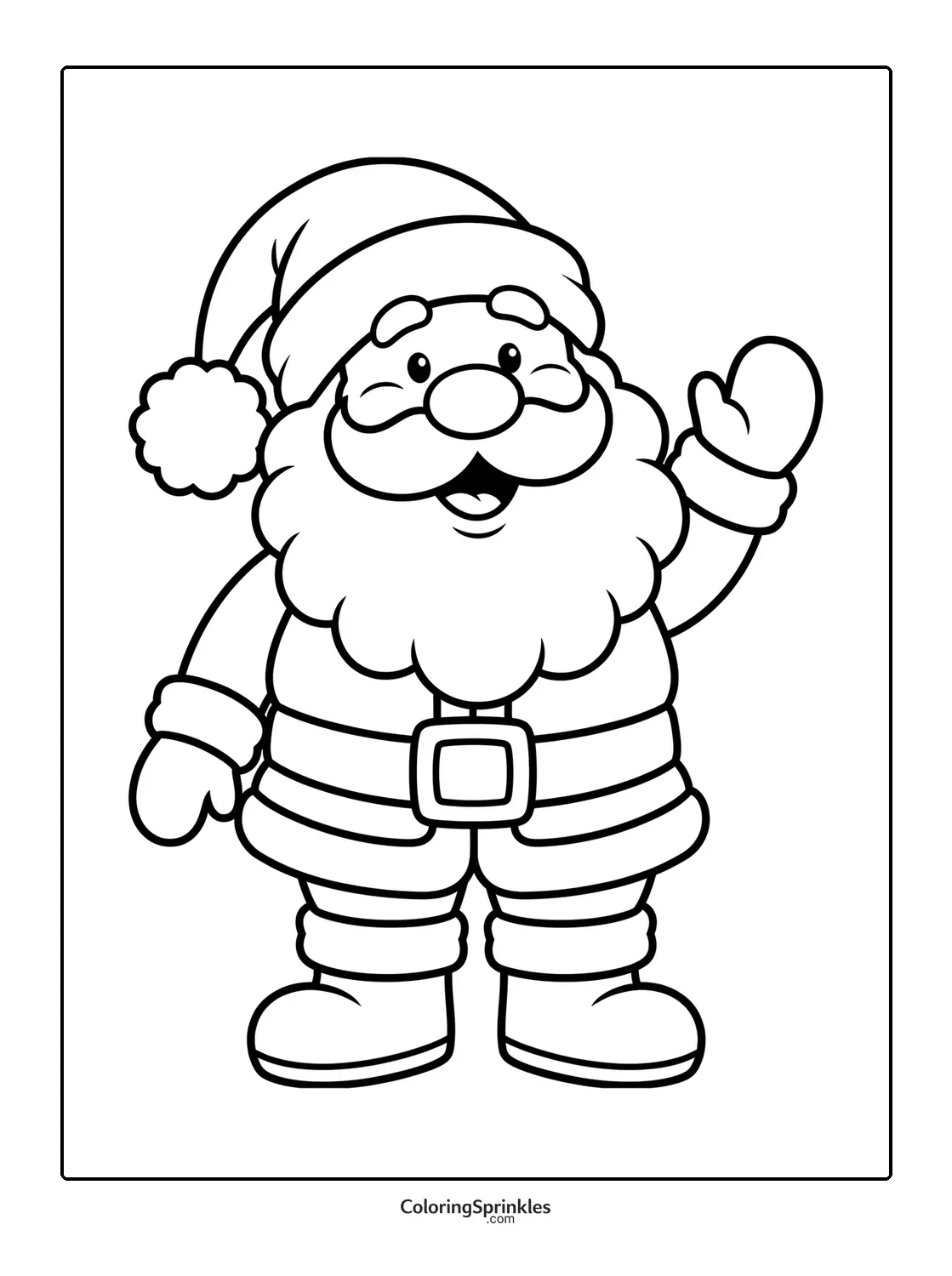 Coloring page of Santa Claus waving with a smile