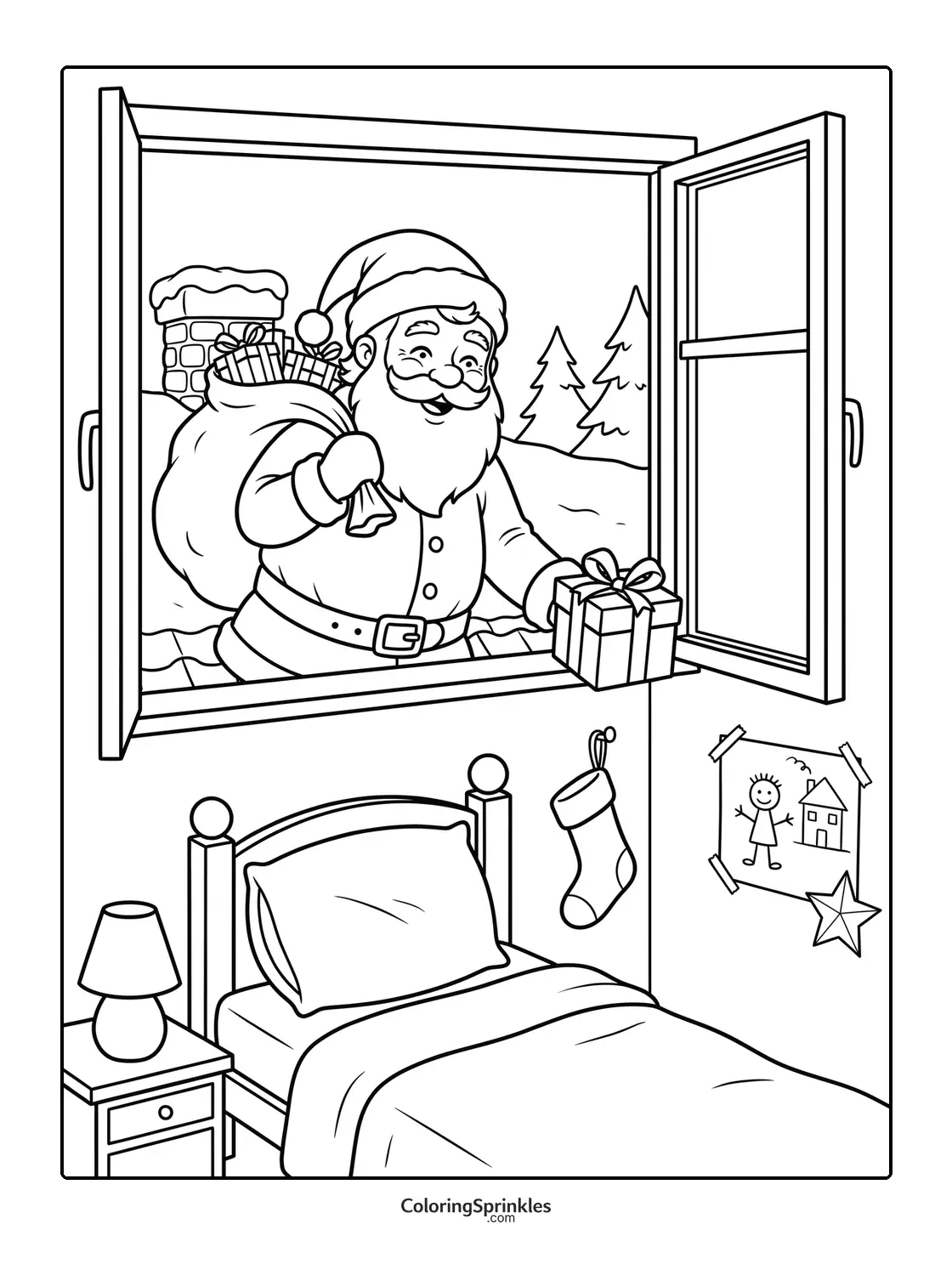 Coloring page of Santa Claus delivering a gift through a window into a bedroom