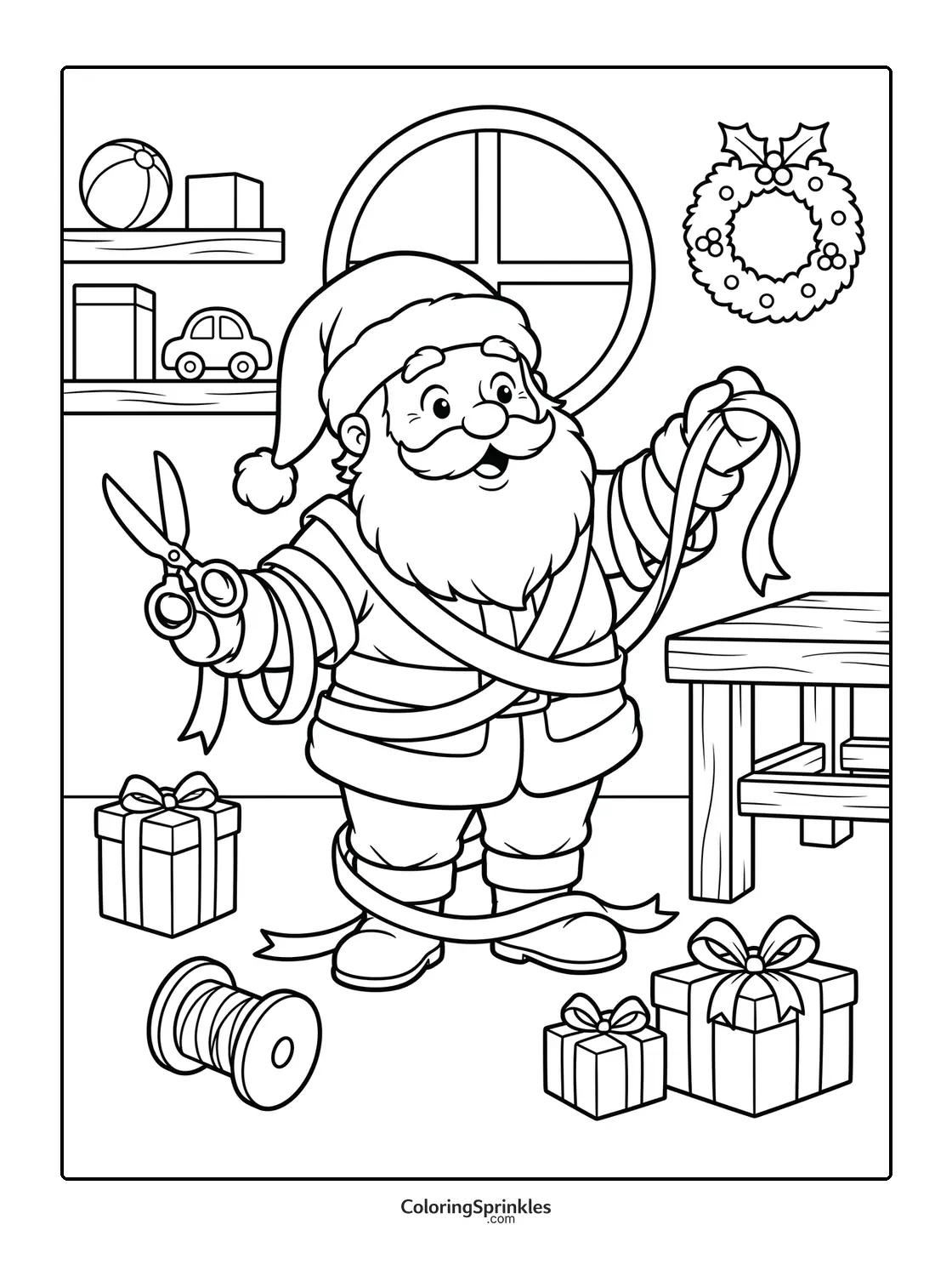 Coloring page of Santa Claus wrapping presents with ribbon and scissors