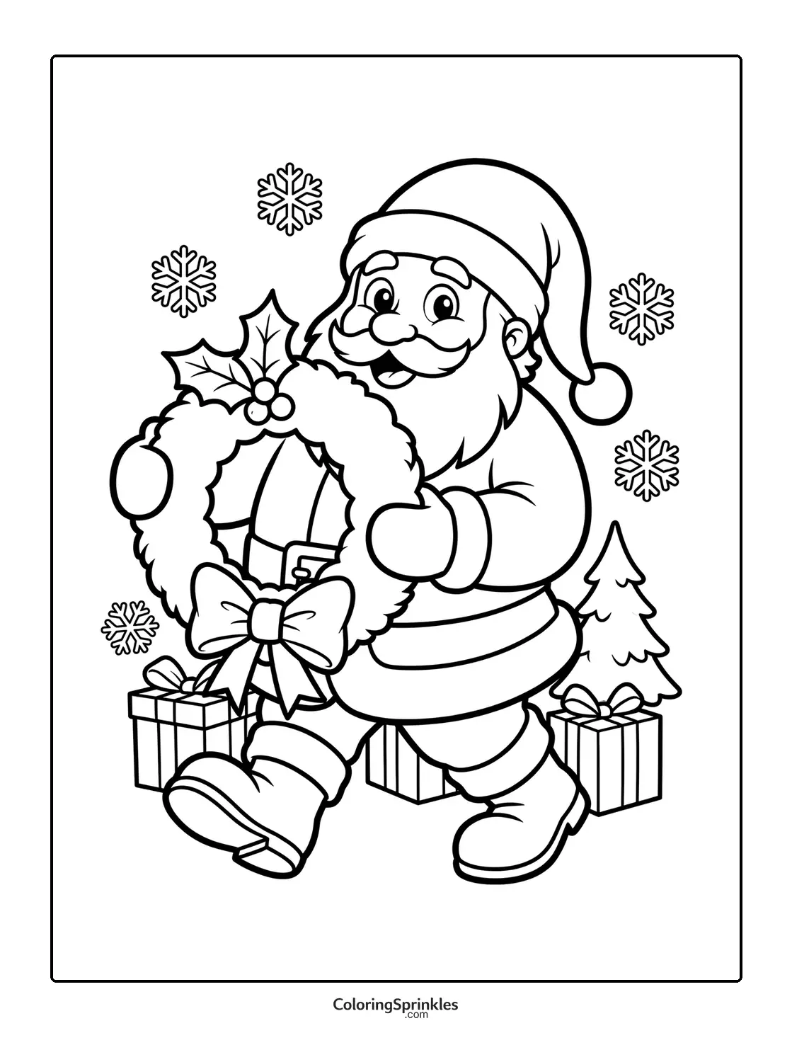 Coloring page of Santa Claus holding a wreath with presents and a Christmas tree