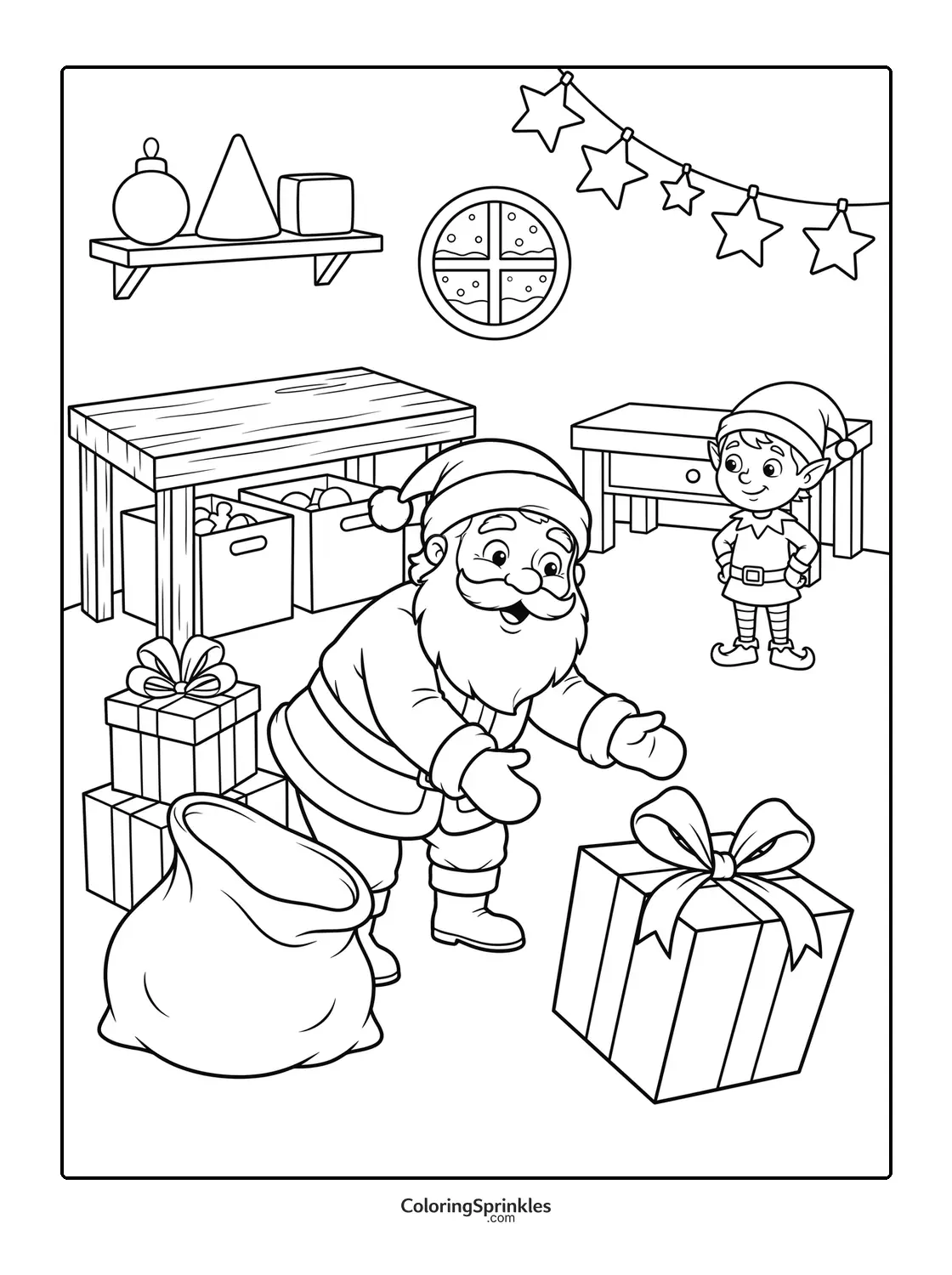Coloring page of Santa Claus and an elf with presents in a workshop