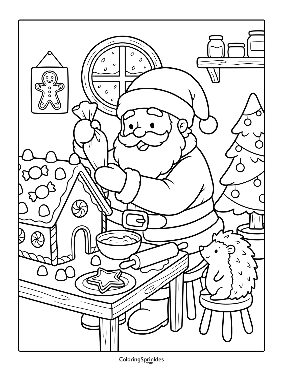 Coloring page of Santa decorating a gingerbread house with a hedgehog and Christmas tree