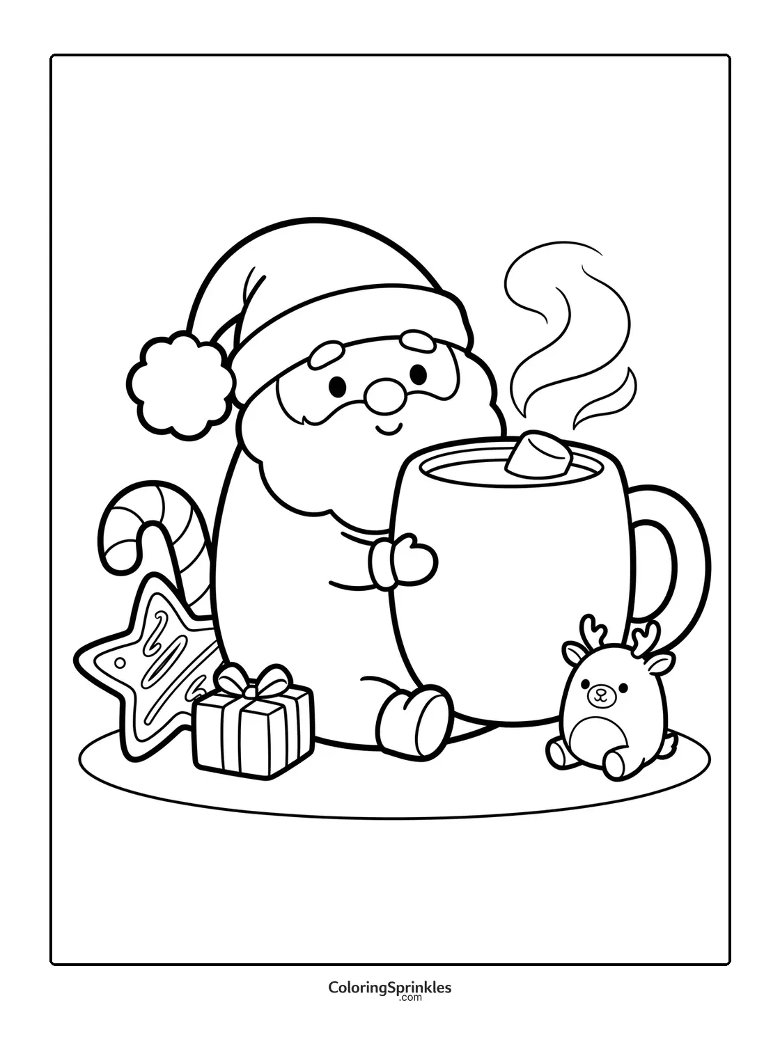 Coloring page of Santa holding a large mug of hot chocolate with candy and a reindeer toy