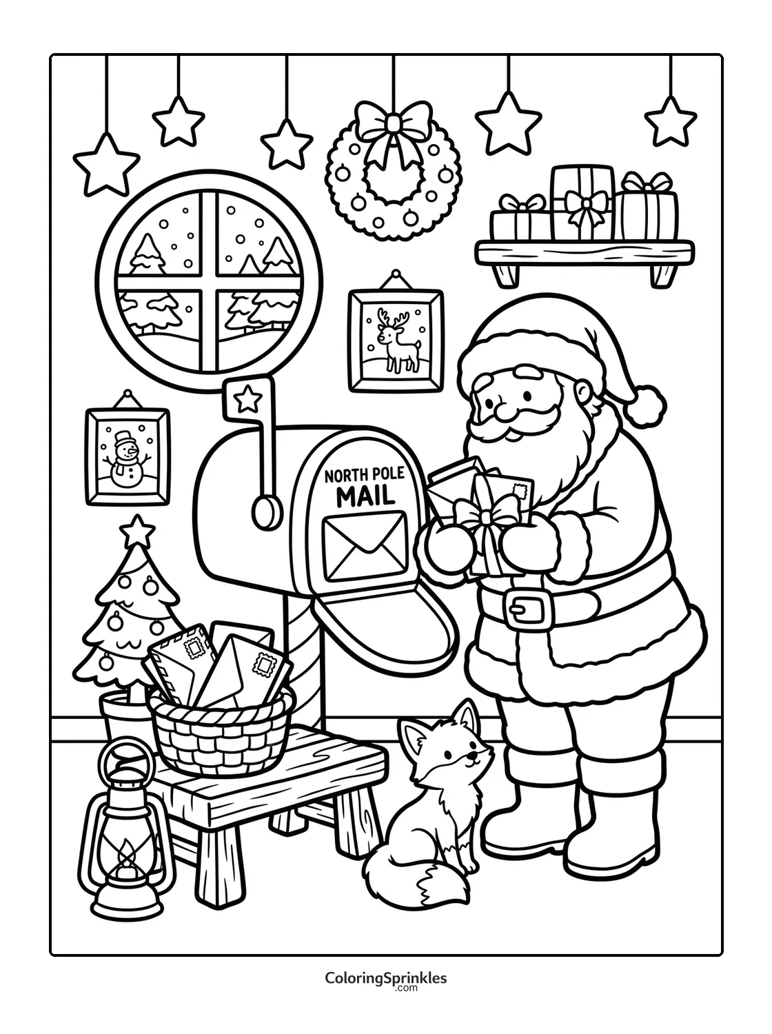 Coloring page of Santa Claus checking mail at a North Pole mailbox with a fox