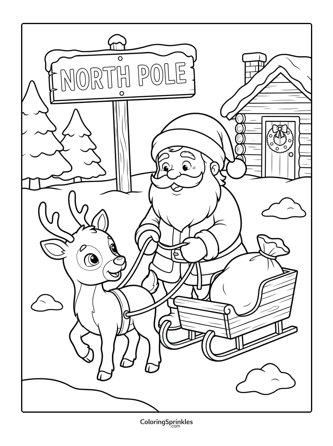 Coloring page of Santa with a reindeer and sleigh near a North Pole cabin