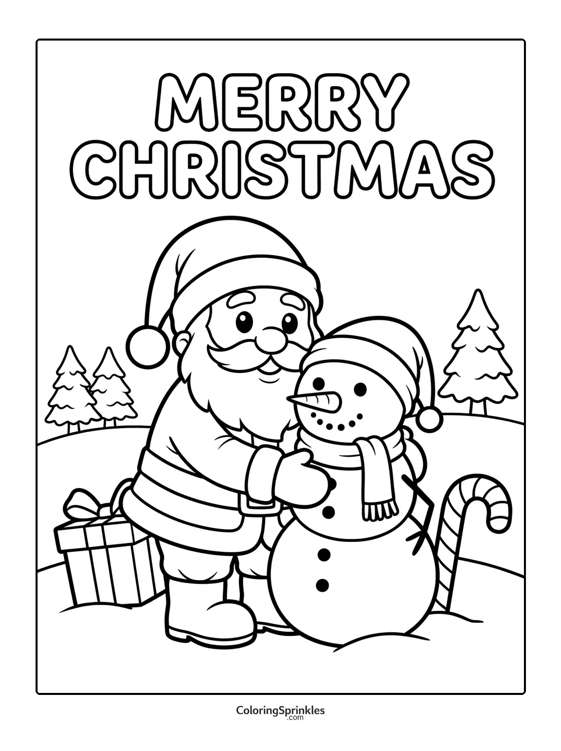 Coloring page of Santa Claus hugging a snowman with a candy cane and gift