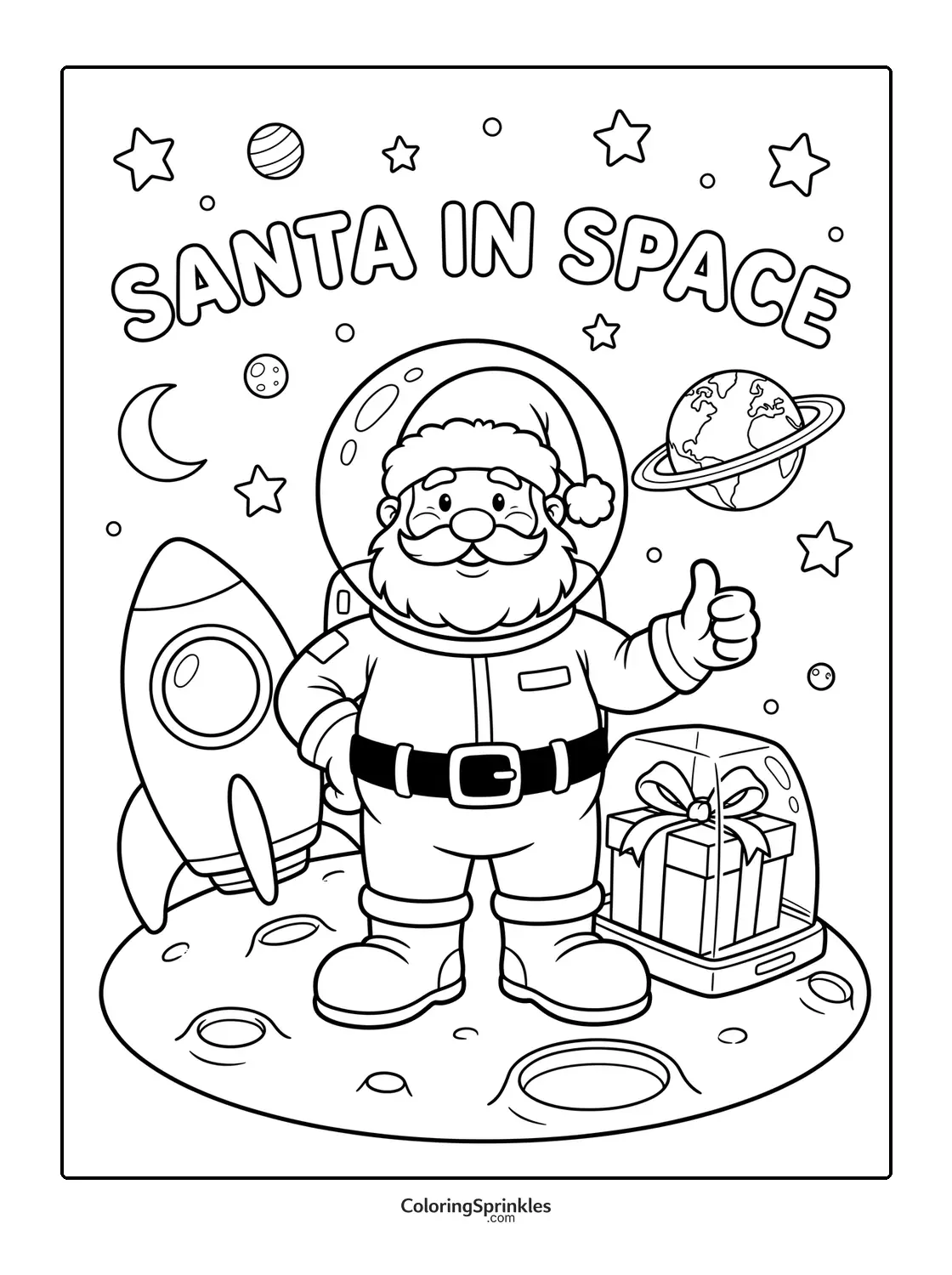 Coloring page of Santa Claus in a space suit on the moon with a rocket and a gift
