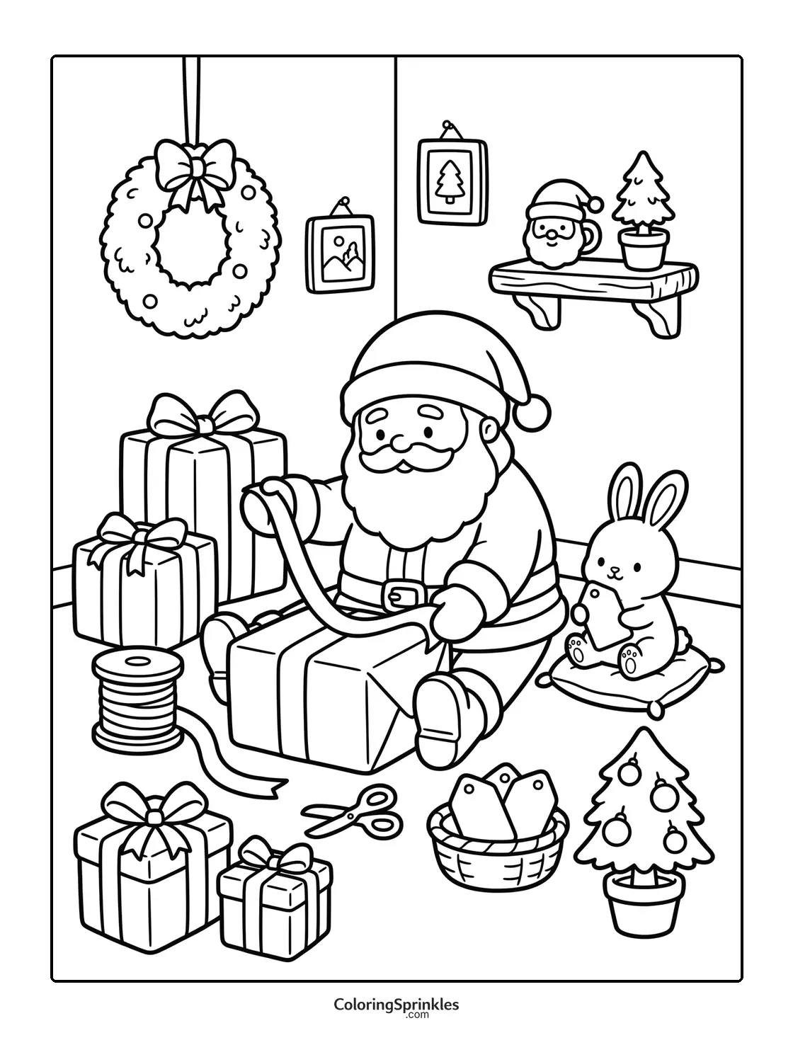 Coloring page of Santa Claus wrapping presents with a rabbit and Christmas decorations