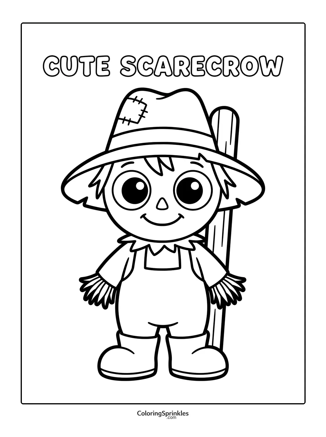 Coloring page of a cute smiling scarecrow wearing a hat and overalls