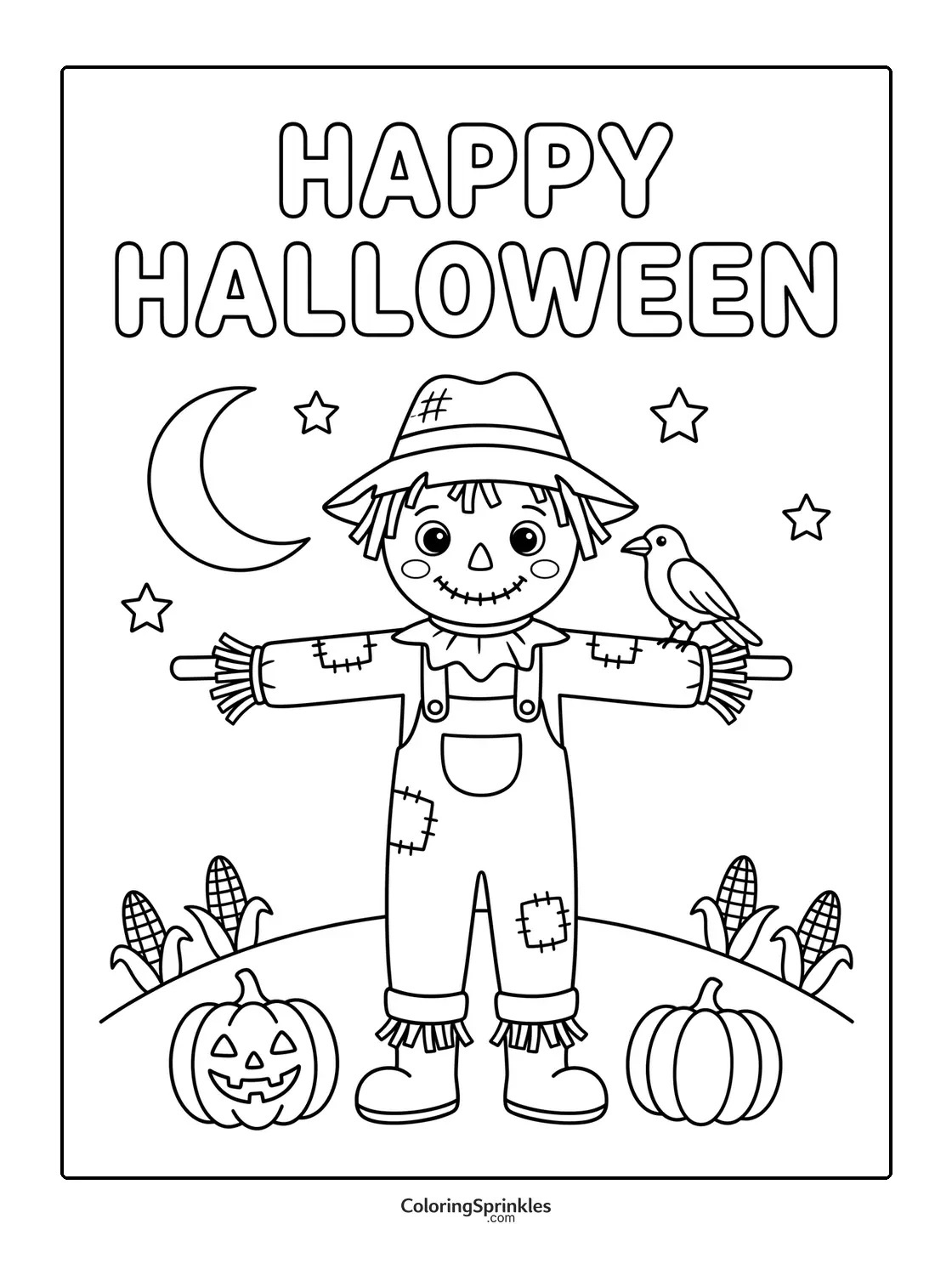 Coloring page of a Halloween scarecrow with pumpkins and a crow in a cornfield