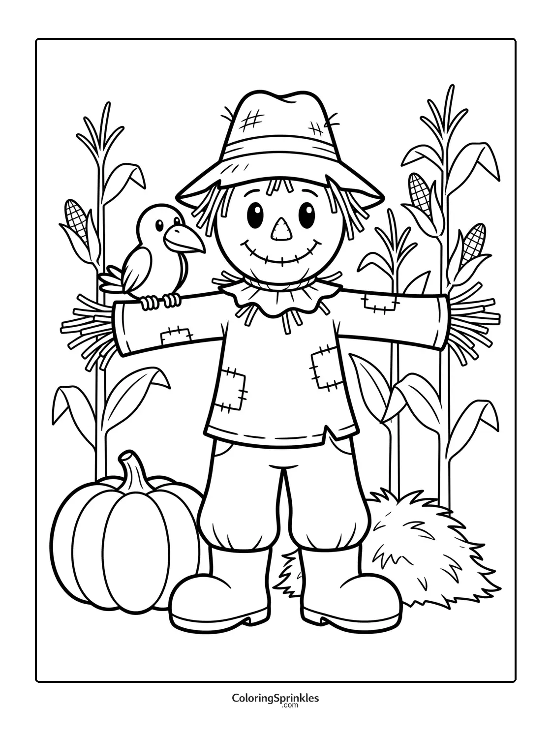 Coloring page of a scarecrow with a bird, pumpkin, cornfield and hay