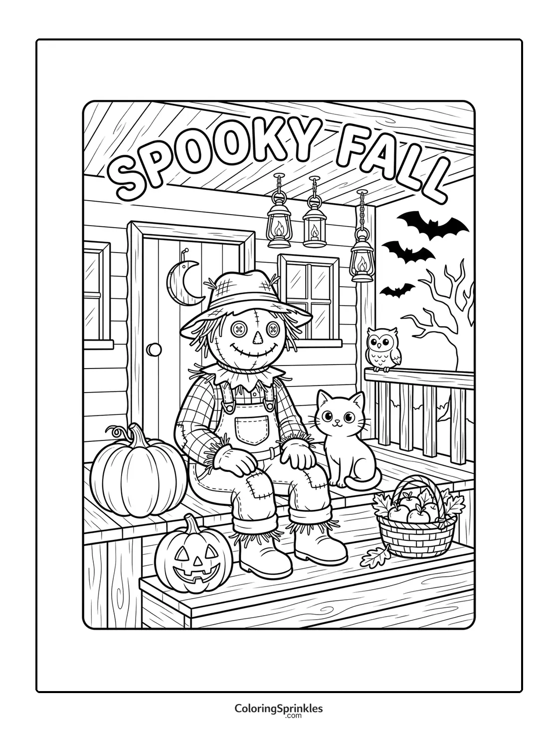 Coloring page of a scarecrow sitting on a porch with a cat and pumpkins in fall