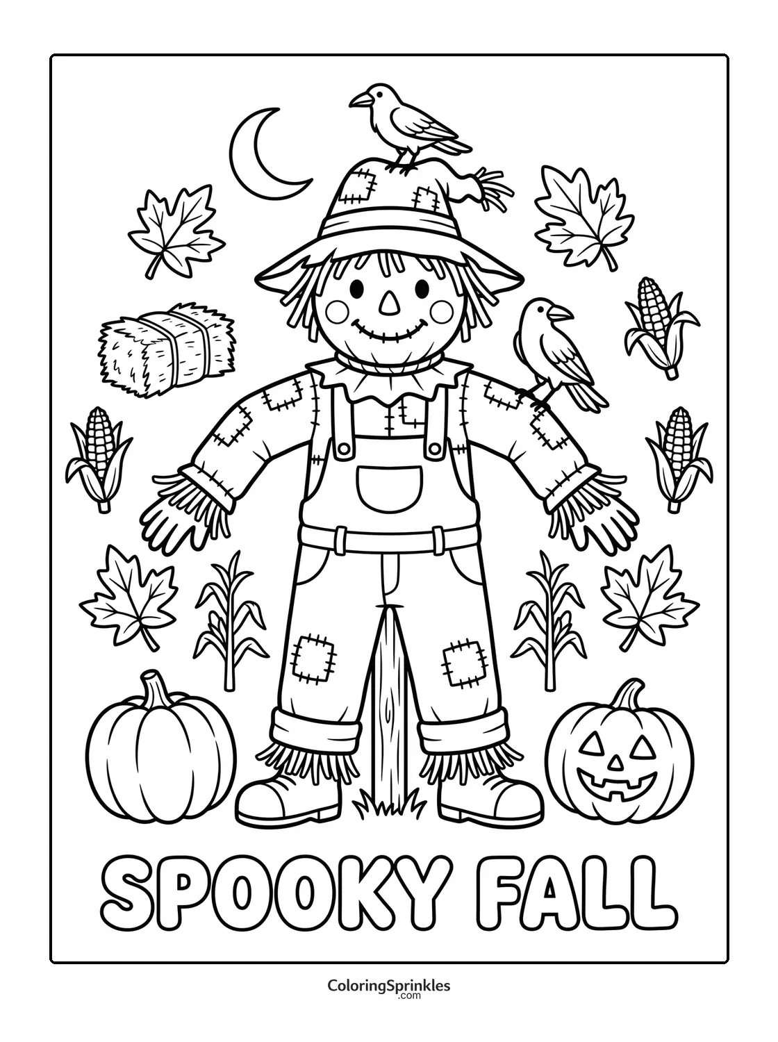 Coloring page of a scarecrow with pumpkins, crows, corn and fall leaves