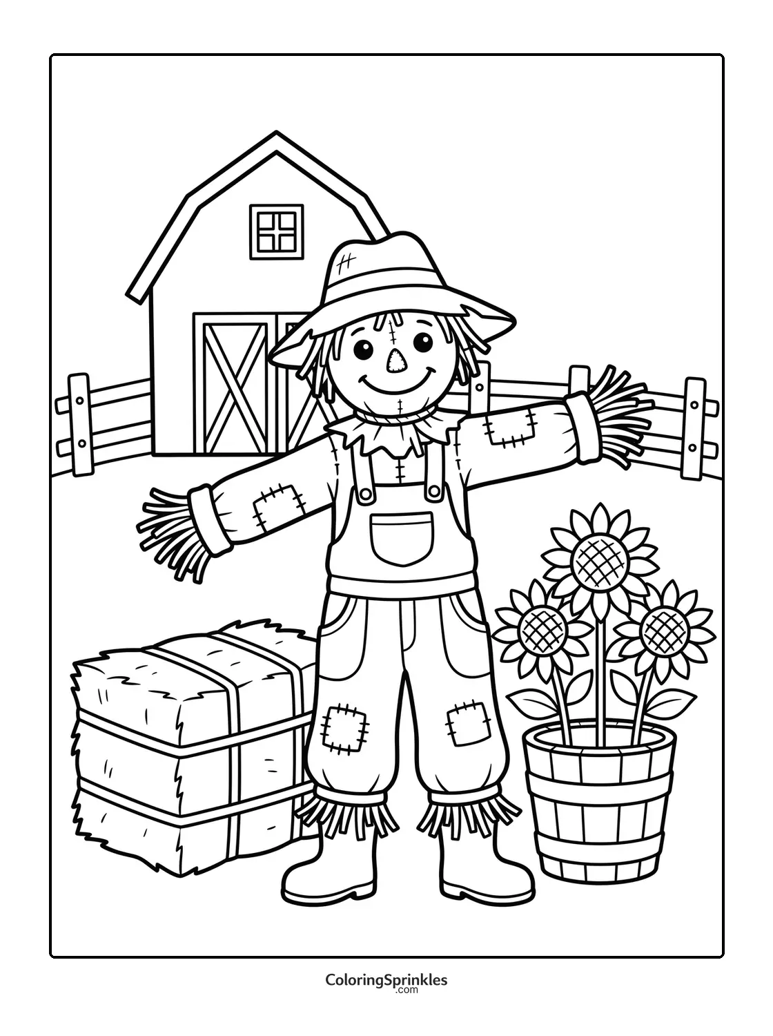 Coloring page of a scarecrow on a farm with a barn, sunflowers, and hay bales
